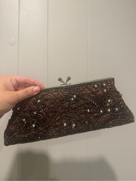 Handbags - Embellished Brown Beaded Evening Clutch